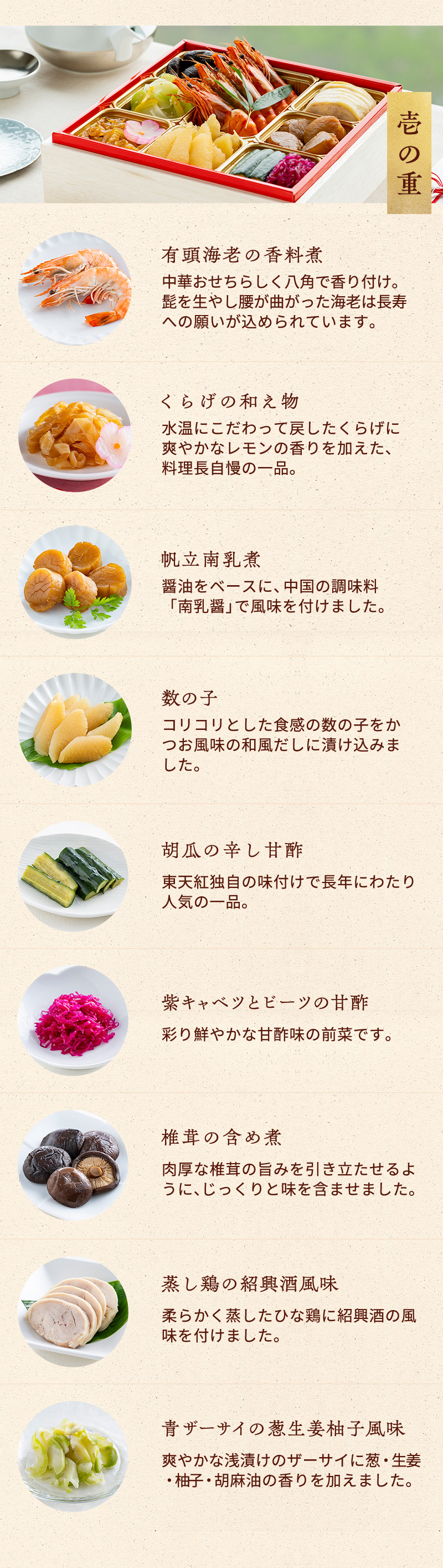 壱の重　有頭海老の香料煮・帆立南乳煮・味付け数の子・胡瓜の辛し甘酢・紫キャベツとビーツの甘酢・椎茸の含め煮・蒸し鶏の紹興酒風味・青ザーサイの葱生姜風味