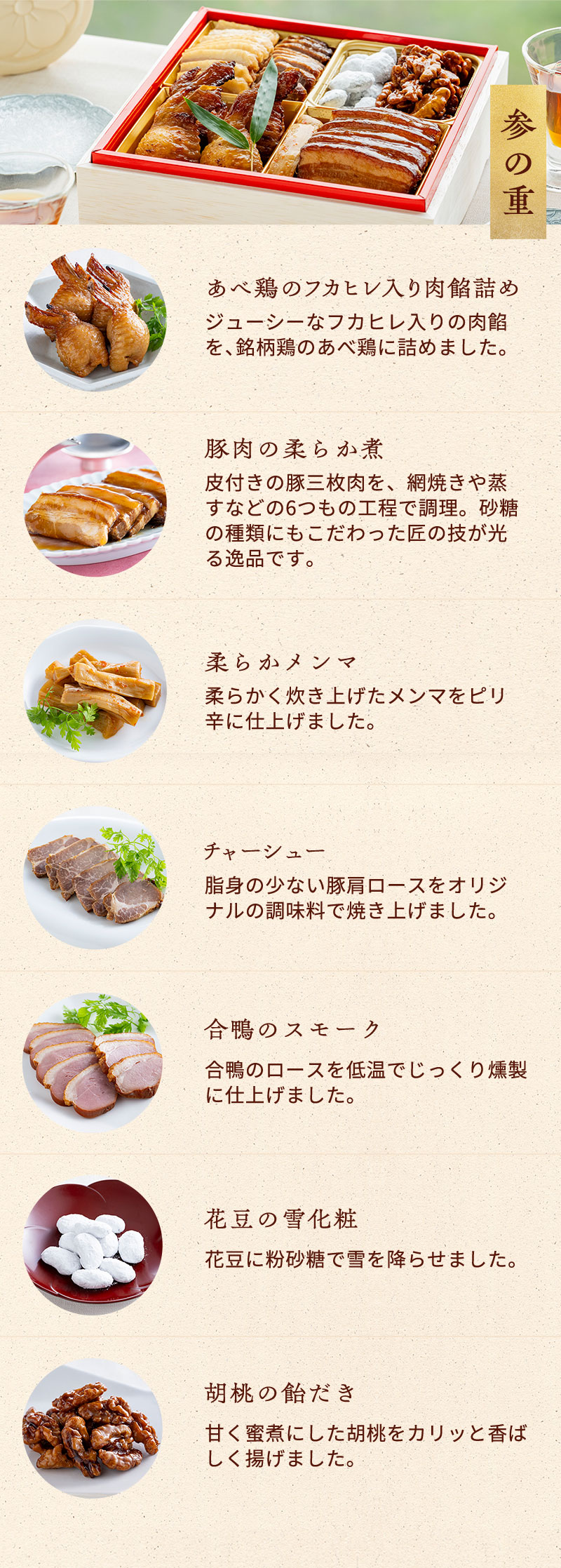 参の重　あべ鶏のフカヒレ入り肉餡詰め・柔らかメンマ・チャーシュー・合鴨のスモーク・花豆の雪化粧・胡桃の飴炊き