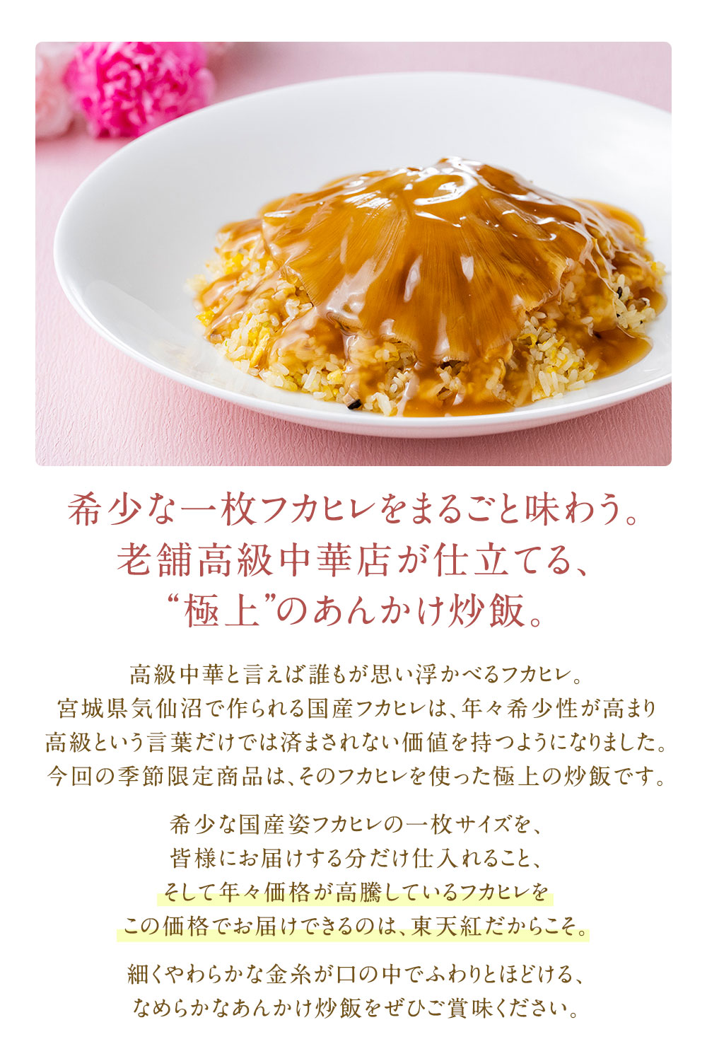 希少な一枚フカヒレをまるごと味わう。老舗高級中華店が仕立てる、“極上”のあんかけ炒飯。希少な国産姿フカヒレの一枚サイズを、皆様にお届けする分だけ仕入れること、そして年々価格が高騰しているフカヒレをこの価格でお届けできるのは、東天紅だからこそ。細くやわらかな金糸が口の中でふわりとほどける、なめらかなあんかけ炒飯をぜひご賞味ください。